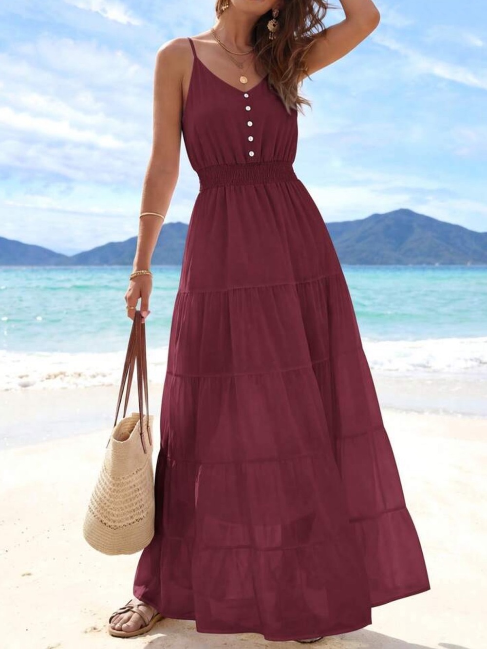 Sleeveless Burgundy Maxi Dress with Smocked Waist